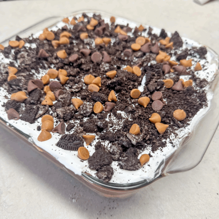 peanut butter oreo pie in a dish