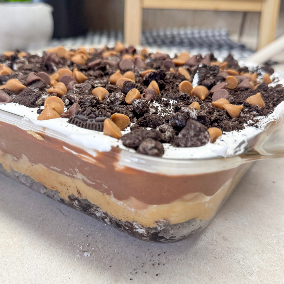 side view of the peanut butter oreo pie in a dish