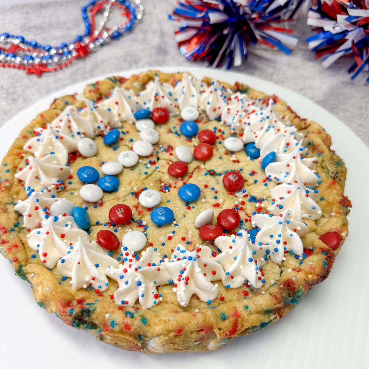 Close up of the whole 4th of july sugar cookie cake