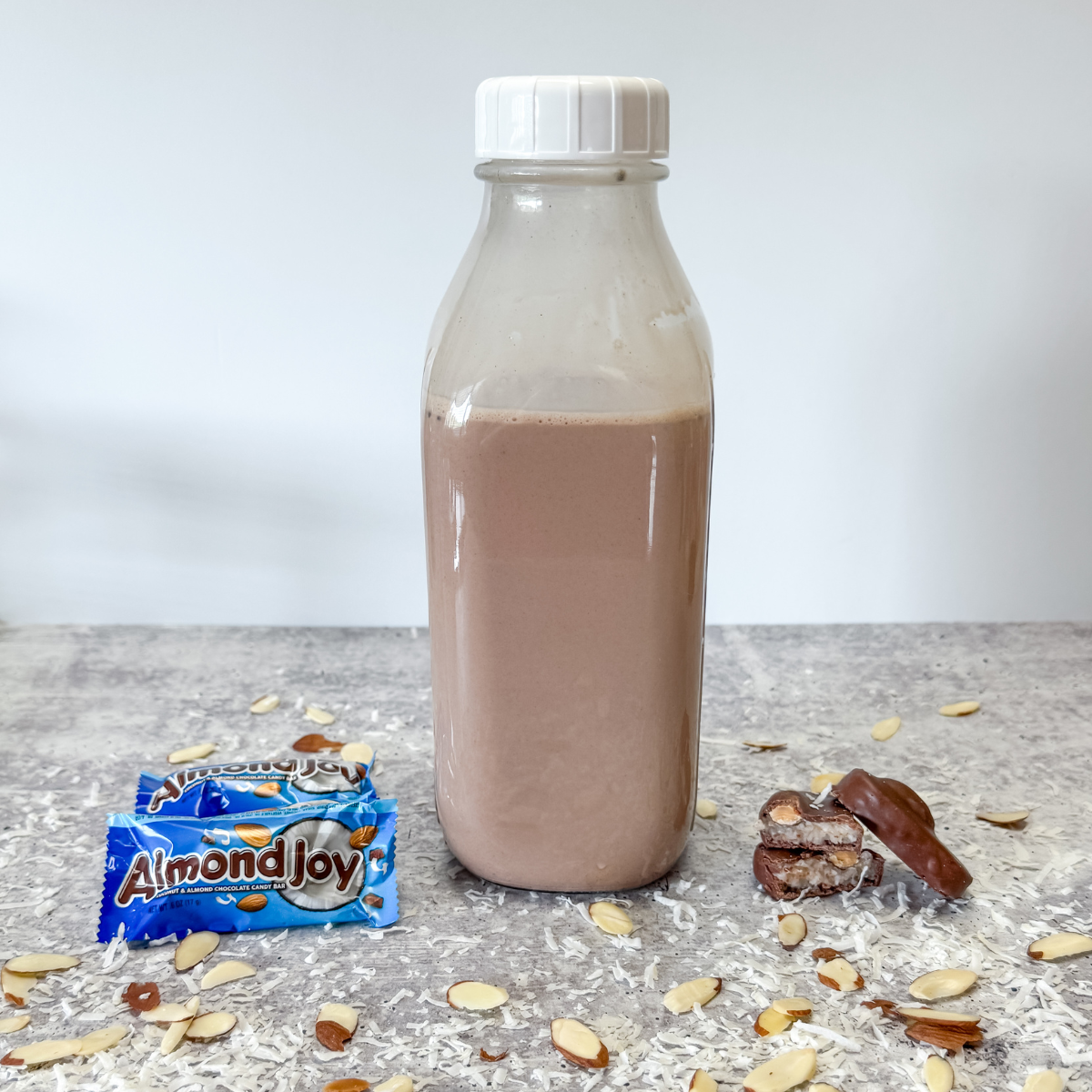 almond joy coffee creamer in clear glass
