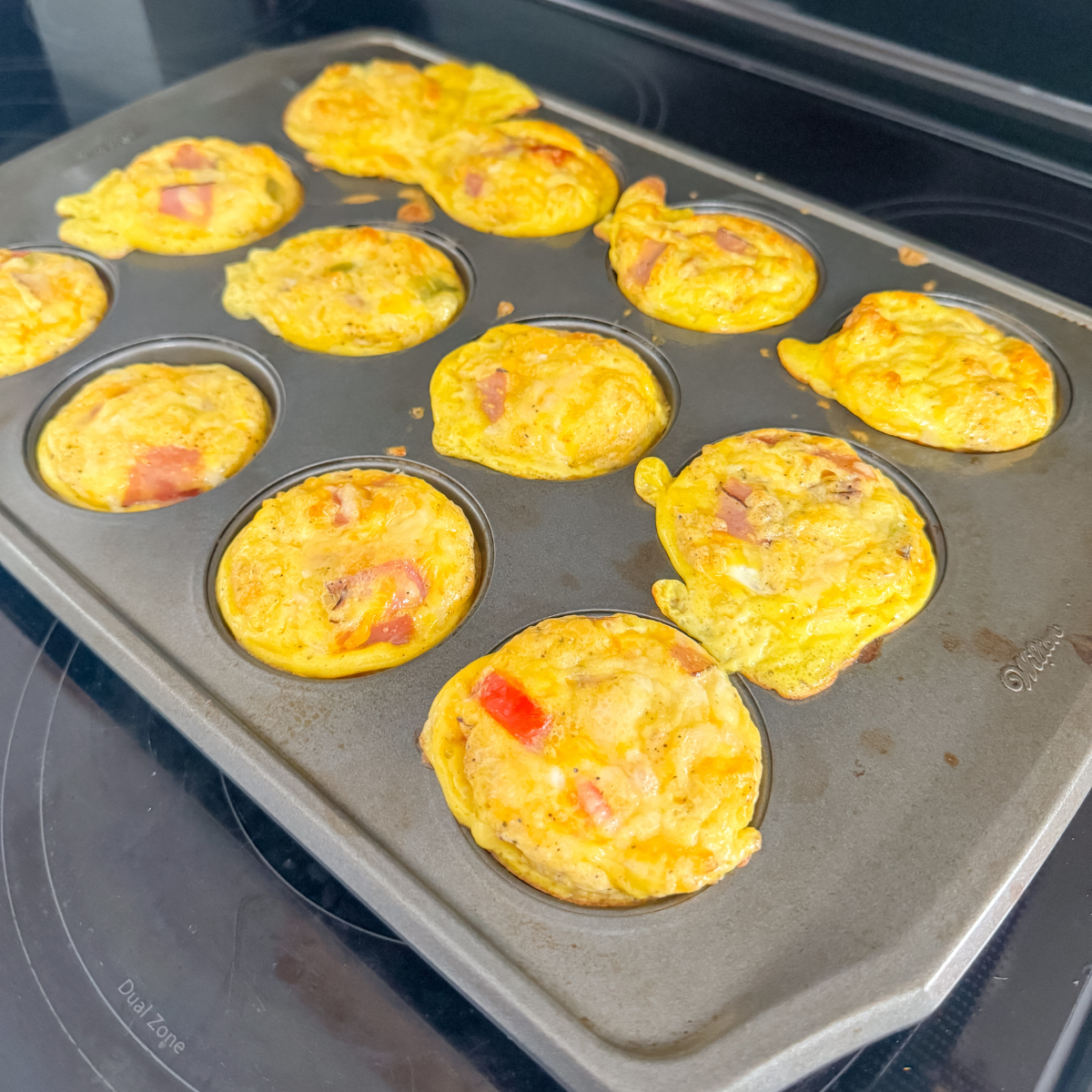 cooked ham and cheese egg muffins in a muffin pan