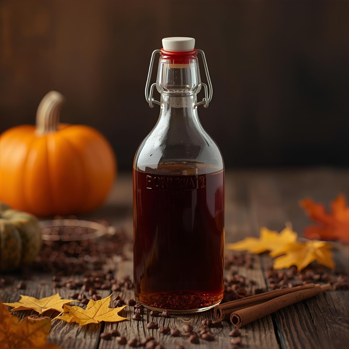 pumpkin coffee syrup in a glass bottle